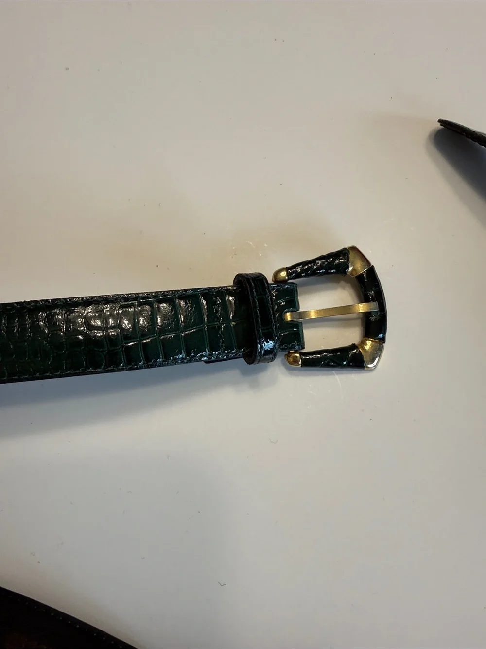 Dark Green Croc-Embossed Leather Belt with Gold Buckle